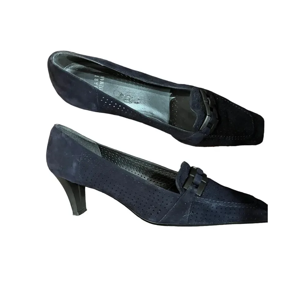 Stuart Weitzman Dark Navy and Black Suede Square Toe Pump 8.5
